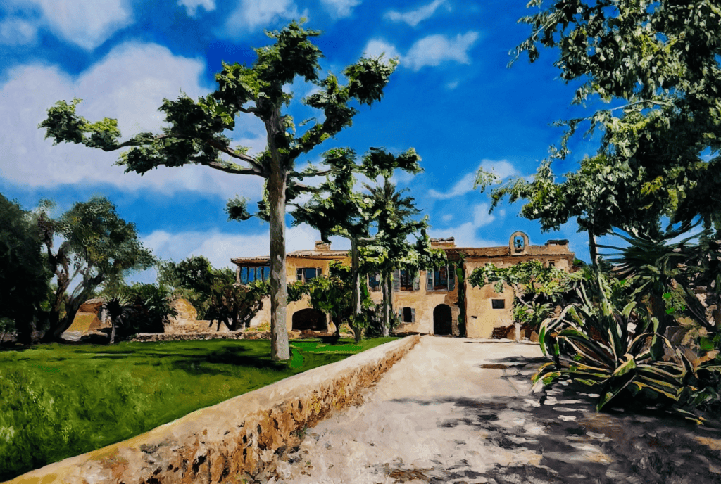 A vibrant painting of a Mediterranean-style villa surrounded by lush greenery, tall trees, and a bright blue sky, showcasing a peaceful and inviting outdoor scene.