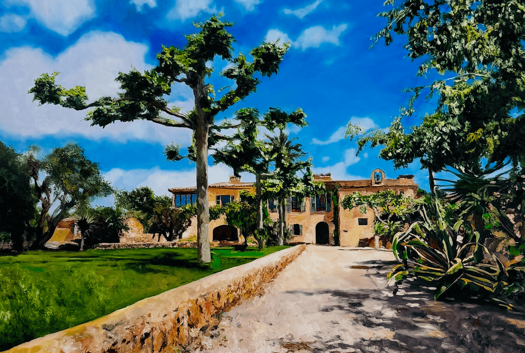 A vibrant painting of a Mediterranean-style villa surrounded by lush greenery, tall trees, and a bright blue sky, showcasing a peaceful and inviting outdoor scene.