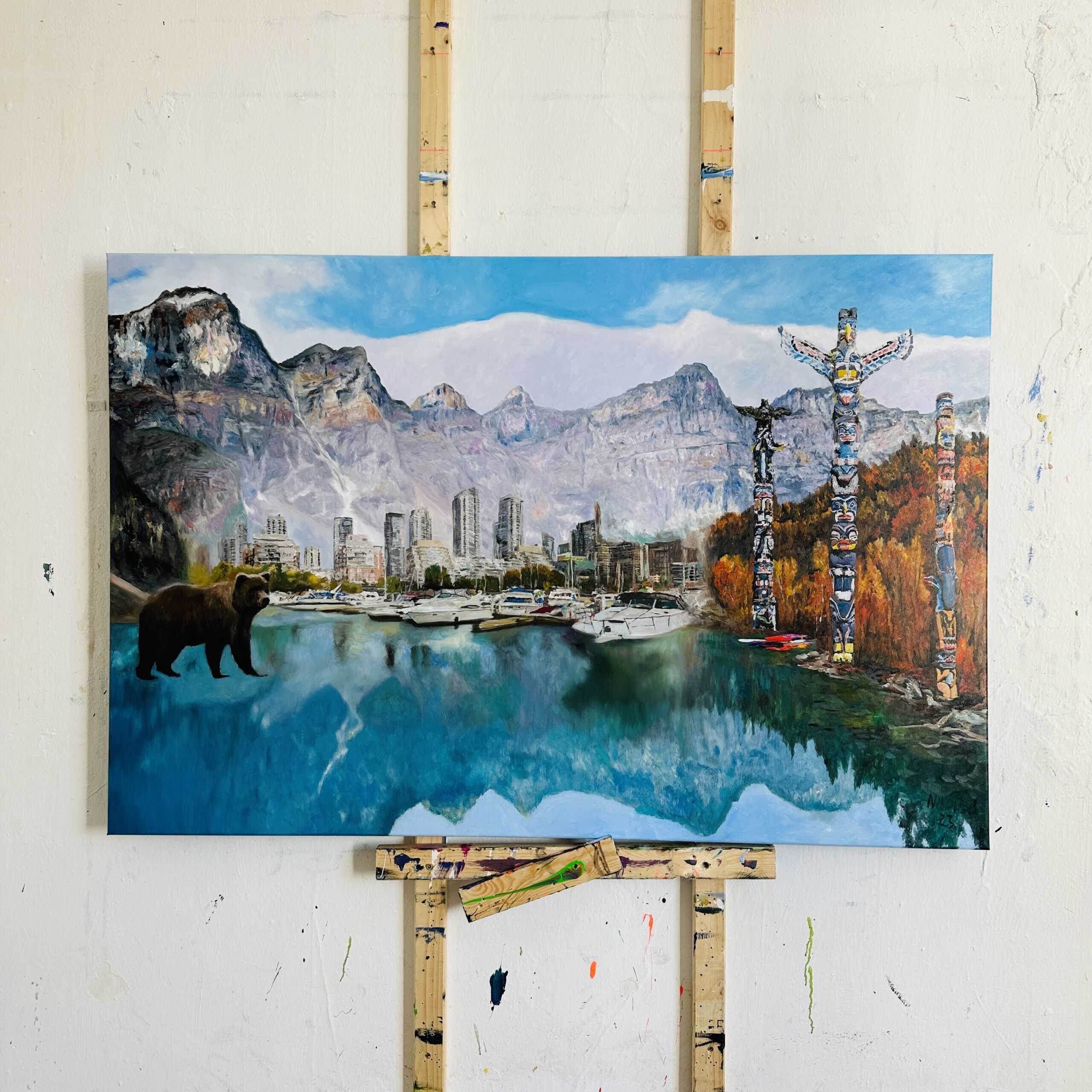 Vibrant mountain landscape painting featuring a city skyline, a bear in the foreground, and colorful totem poles on the right, capturing a blend of nature and urban life.