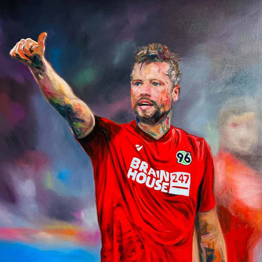 A detailed digital painting of a male football player wearing a red jersey with the number 96, showing a confident expression and giving a thumbs-up.