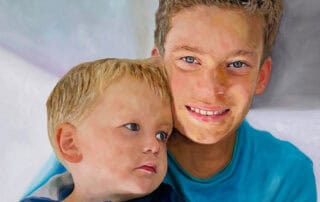 Digital painting of two boys, a young child and an older boy, with detailed facial features and vibrant colors, created by Nikolaus Kriese for worldwide shipping.