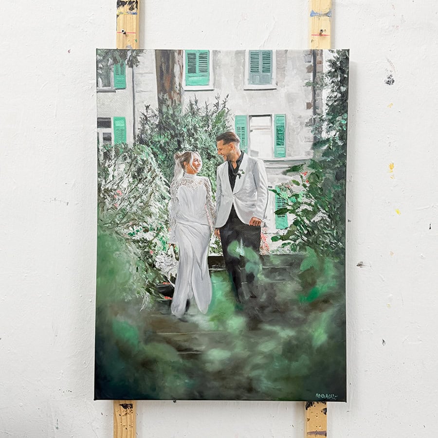 A detailed wedding portrait painting by Nikolaus Kriese, showcasing a bride and groom walking together outdoors, capturing their love and joy.