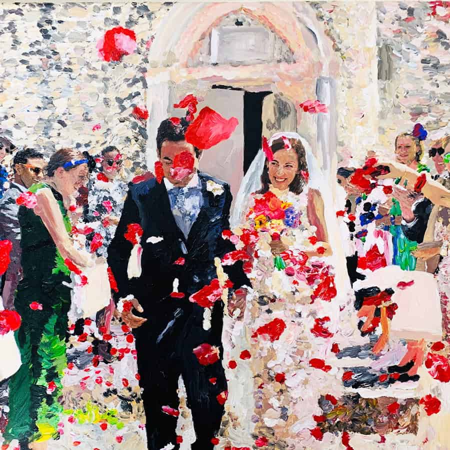 wedding Portrait Painting Commissions - Luxury — Exquisit-Luxury Wedding Portrait: handpainted oil, 24K gold leaf accents (optional), gallery provenance ambition — the ultimate, most-valued wedding artwork; painterly texture, brushwork close-up.