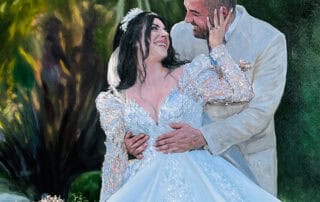 Romantic wedding couple smiling and gazing into each other's eyes, capturing a joyful moment on their special day.