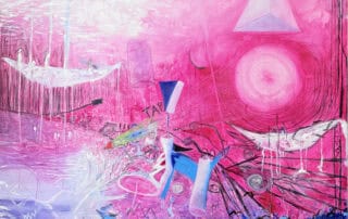 A vibrant abstract painting featuring geometric shapes, swirling colors, and dynamic textures in shades of pink, purple, and blue, showcasing Nikolaus Kriese's unique artistic style.