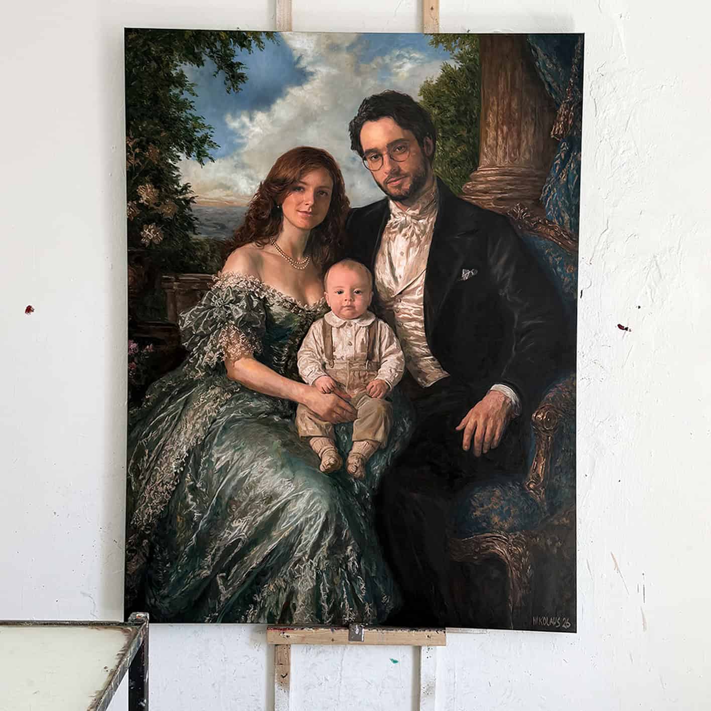 Detailed family portrait painting by Nikolaus Kriese featuring a woman, man, and child in historical attire with a scenic background.