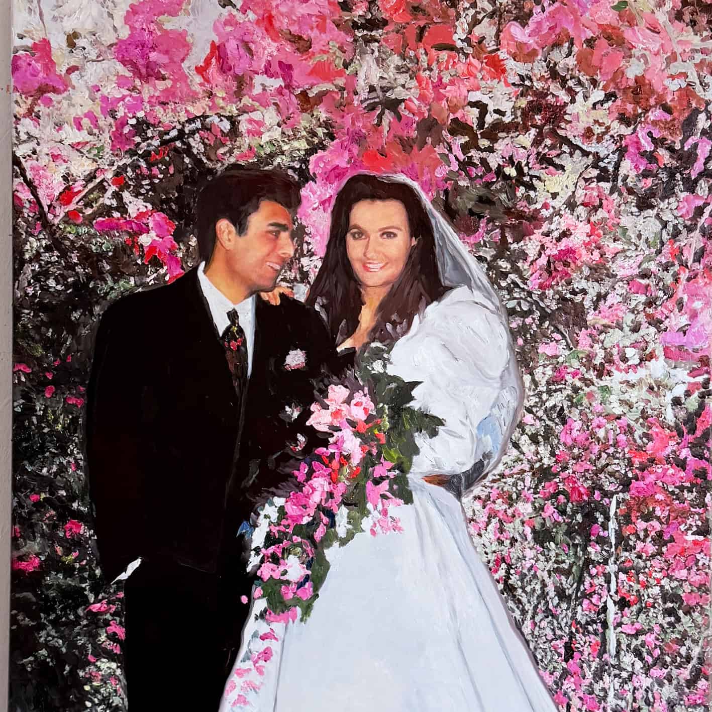 Artwork by Nikolaus Kriese depicting a bride and groom in front of a vibrant pink floral background, emphasizing wedding themes and artistic style.